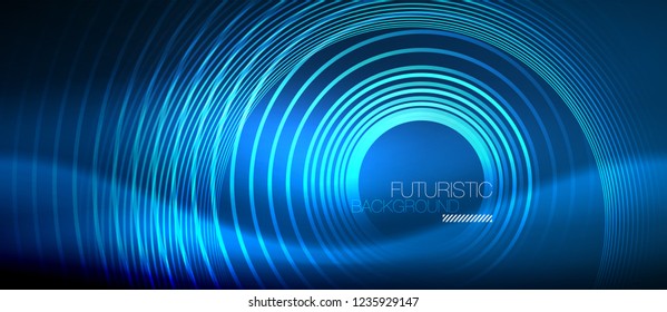 Neon glowing circles background, vector energy magic template