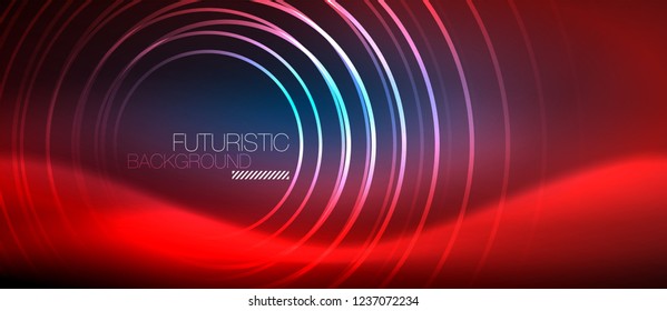 Neon glowing circles background, vector energy magic template