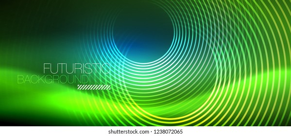 Neon glowing circles background, vector energy magic template