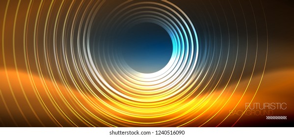 Neon glowing circles background, vector energy magic template