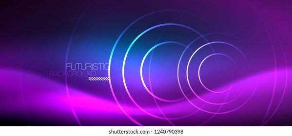 Neon glowing circles background, vector energy magic template