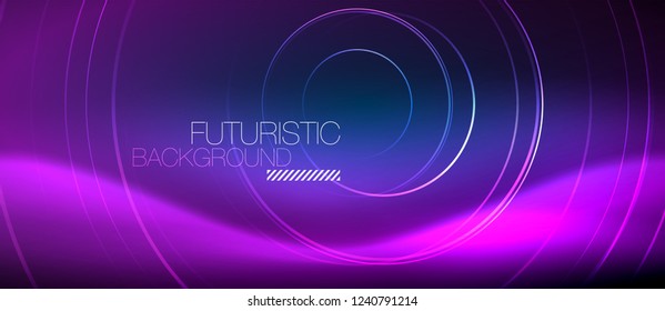 Neon glowing circles background, vector energy magic template