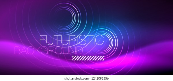 Neon glowing circles background, vector energy magic template