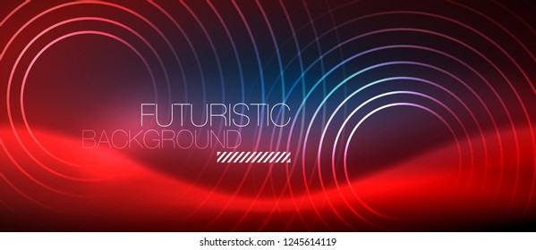 Neon glowing circles background, vector energy magic template