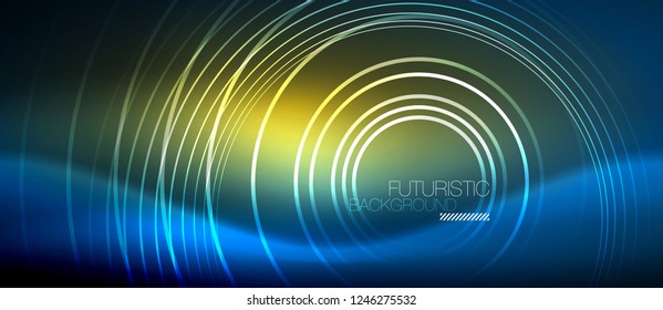 Neon glowing circles background, vector energy magic template