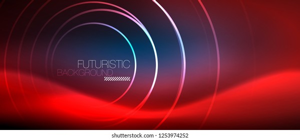 Neon glowing circles background, vector energy magic template
