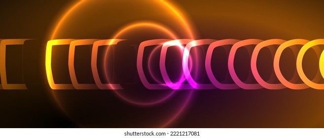 Círculos brillantes neones y líneas redondeadas, concepto de luz de espacio mágico, diseño de fondo abstracto de fondo de fondo