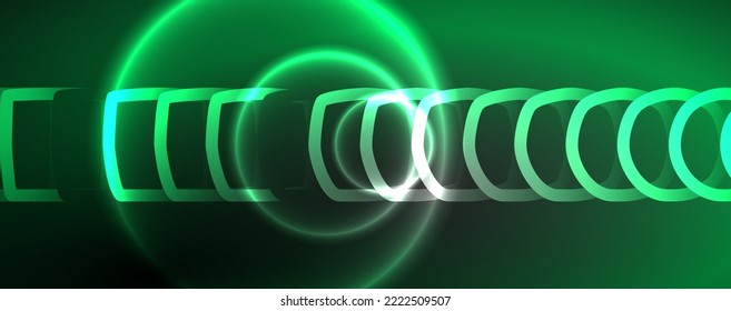 Neon glowing circles and round shape lines, magic energy space light concept, abstract background wallpaper design