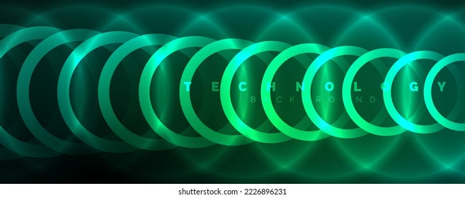 Círculos brillantes neones y líneas redondeadas, concepto de luz de espacio mágico, diseño de fondo abstracto de fondo de fondo
