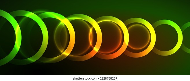 Neon glowing circles and round shape lines, magic energy space light concept, abstract background wallpaper design