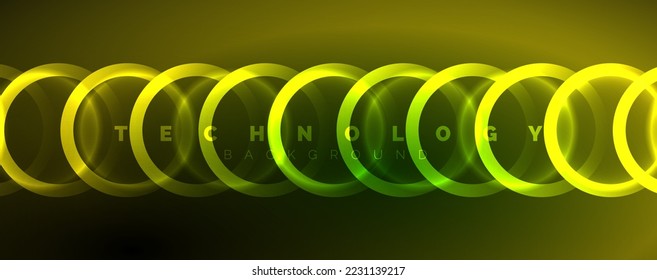 Neon glowing circles and round shape lines, magic energy space light concept, abstract background wallpaper design