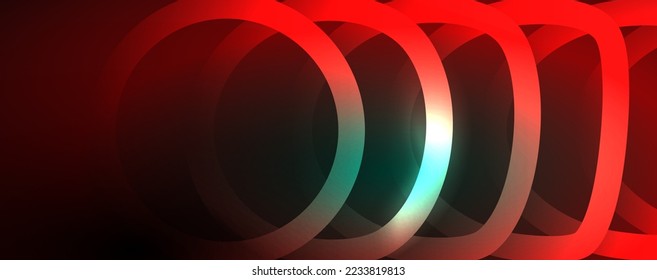 Neon glowing circles and round shape lines, magic energy space light concept, abstract background wallpaper design
