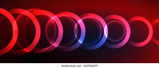Neon glowing circles and round shape lines, magic energy space light concept, abstract background wallpaper design