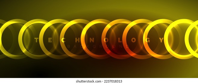 Neon glowing circles and round shape lines, magic energy space light concept, abstract background wallpaper design