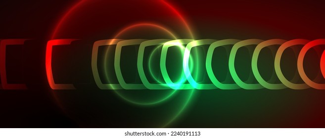 Neon glowing circles and round shape lines, magic energy space light concept, abstract background wallpaper design