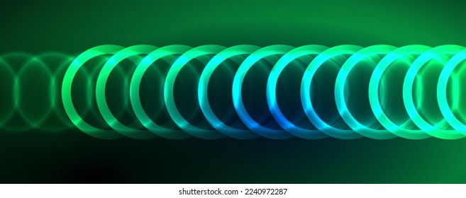 Neon glowing circles and round shape lines, magic energy space light concept, abstract background wallpaper design