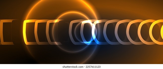 Círculos brillantes neones y líneas redondeadas, concepto de luz de espacio mágico, diseño de fondo abstracto de fondo de fondo
