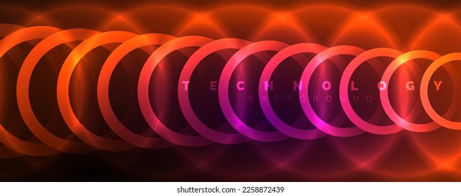 Neon glowing circles and round shape lines, magic energy space light concept, abstract background wallpaper design