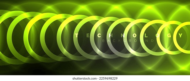 Neon glowing circles and round shape lines, magic energy space light concept, abstract background wallpaper design