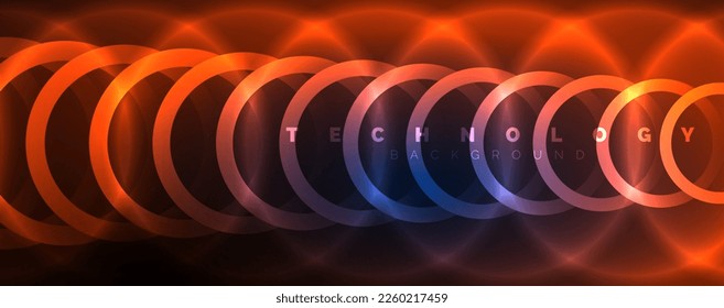 Neon glowing circles and round shape lines, magic energy space light concept, abstract background wallpaper design