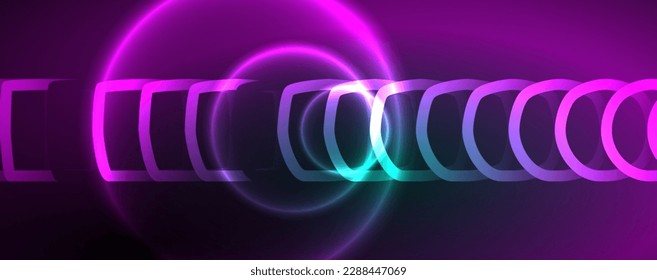 Neon glowing circles and round shape lines, magic energy space light concept, abstract background wallpaper design