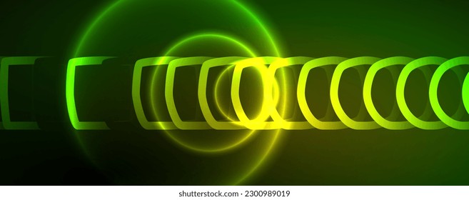 Neon glowing circles and round shape lines, magic energy space light concept, abstract background wallpaper design