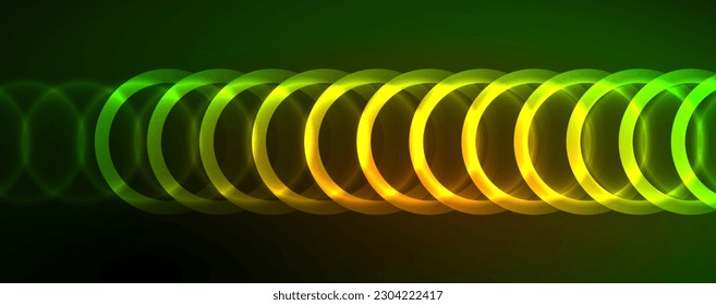 Neon glowing circles and round shape lines, magic energy space light concept, abstract background wallpaper design