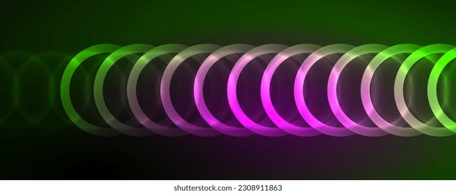 Neon glowing circles and round shape lines, magic energy space light concept, abstract background wallpaper design