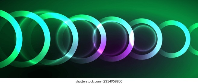 Neon glowing circles and round shape lines, magic energy space light concept, abstract background wallpaper design