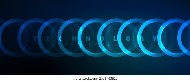 Neon glowing circles and round shape lines, magic energy space light concept, abstract background wallpaper design