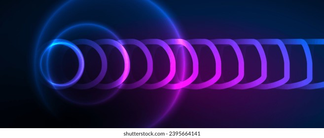 Neon glowing circles and round shape lines, magic energy space light concept, abstract background wallpaper design