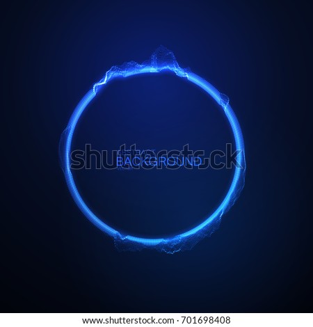 Neon glowing circular shape of particles. Vector technology illustration. Soundwave form. Luminous audio equalizer. Sound impulse visualization. Futuristic HUD element