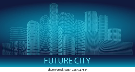 Neon glowing City of the Future at night. Skyscrapers and other buildings on dark blue gradient background. Urban scene. Vector illustration. Design element.