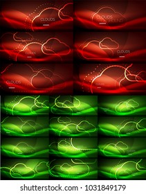 Neon glowing cloud computing concept light abstract backgrounds collection, mega set of energy magic concept backgrounds. Vector illustration