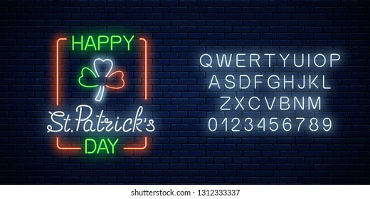 Neon glowing clover leaf sign in ireland flag colors with alphabet on a dark brick wall background. Green shamrock as Ireland national holiday symbol in circle frames. Vector illustration.