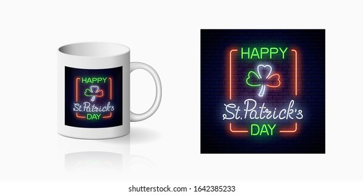 Neon glowing clover leaf sign in ireland flag colors print for cup design. 