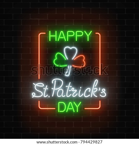Neon glowing clover leaf sign in ireland flag colors on a dark brick wall background. Green shamrock as Irish national holiday symbol in circle frames. Vector illustration.