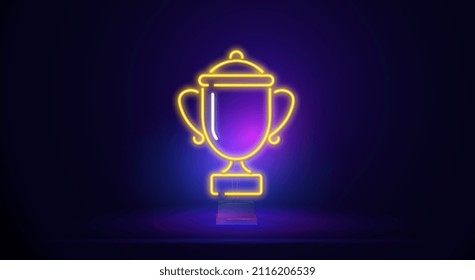 Neon glowing cup trophy design. The design of the cup for achievements. Unique and realistic yellow neon icon.