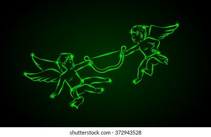 Neon glowing cupid angels fun fight for the one bow, valentine's day card decoration. 
