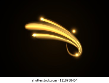 Neon glowing curves strewn with sparks in dark space. Energy spray effect