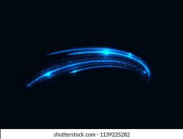 Neon glowing curves strewn with sparks in dark space