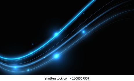 Neon glowing curves strewn with sparks in a dark space. Smooth waves of energy. Water spray on a dark background