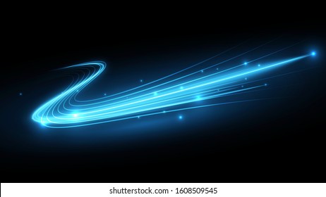 Neon glowing curves strewn with sparks in a white space. Smooth waves of energy. Water spray on a light background