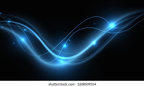 Neon glowing curves strewn with sparks in a dark space. Smooth waves of energy. Water spray on a dark background