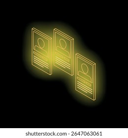 Neon glowing cv icons representing job search, recruitment process, and human resources management on black background