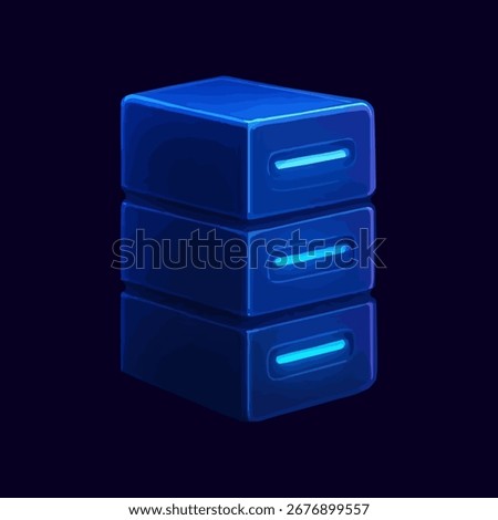 Neon glowing data server icon, futuristic digital vector illustration of database, cloud storage, information technology and cybersecurity infrastructure