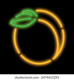 Neon glowing delicious juicy apricot with leaves. Summer peach fruit. Glowing neon icon isolated on black background