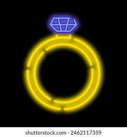 Neon glühender Diamantring mit großem Edelstein. Teures Urlaubsgeschenk für Mädchen zum Geburtstag oder zur Hochzeit. Nachtwerbezeichenelement. Glühendes Neon-Symbol isoliert auf schwarzem Hintergrund