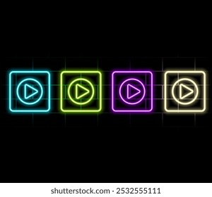 Neon glowing digital cube with play icon. 3d cyber start button. Gaming, cinema, music, tv background with glowing play button. Press to play. Vector design element..green color.