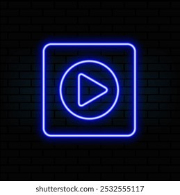 Neon glowing digital cube with play icon. 3d cyber start button. Gaming, cinema, music, tv background with glowing play button. Press to play. Vector design element..blue.